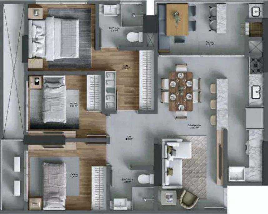 Apartamento com 3 quartos e 86m² no Torres da Brava - Sirena da Lotisa