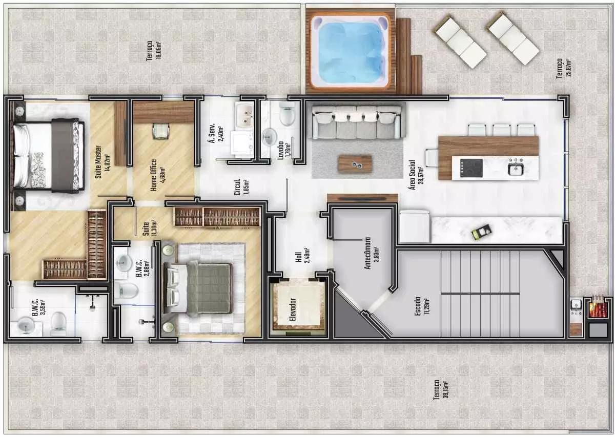 Planta do apartamento de 174m² e 2 Dormitórios do Brava22