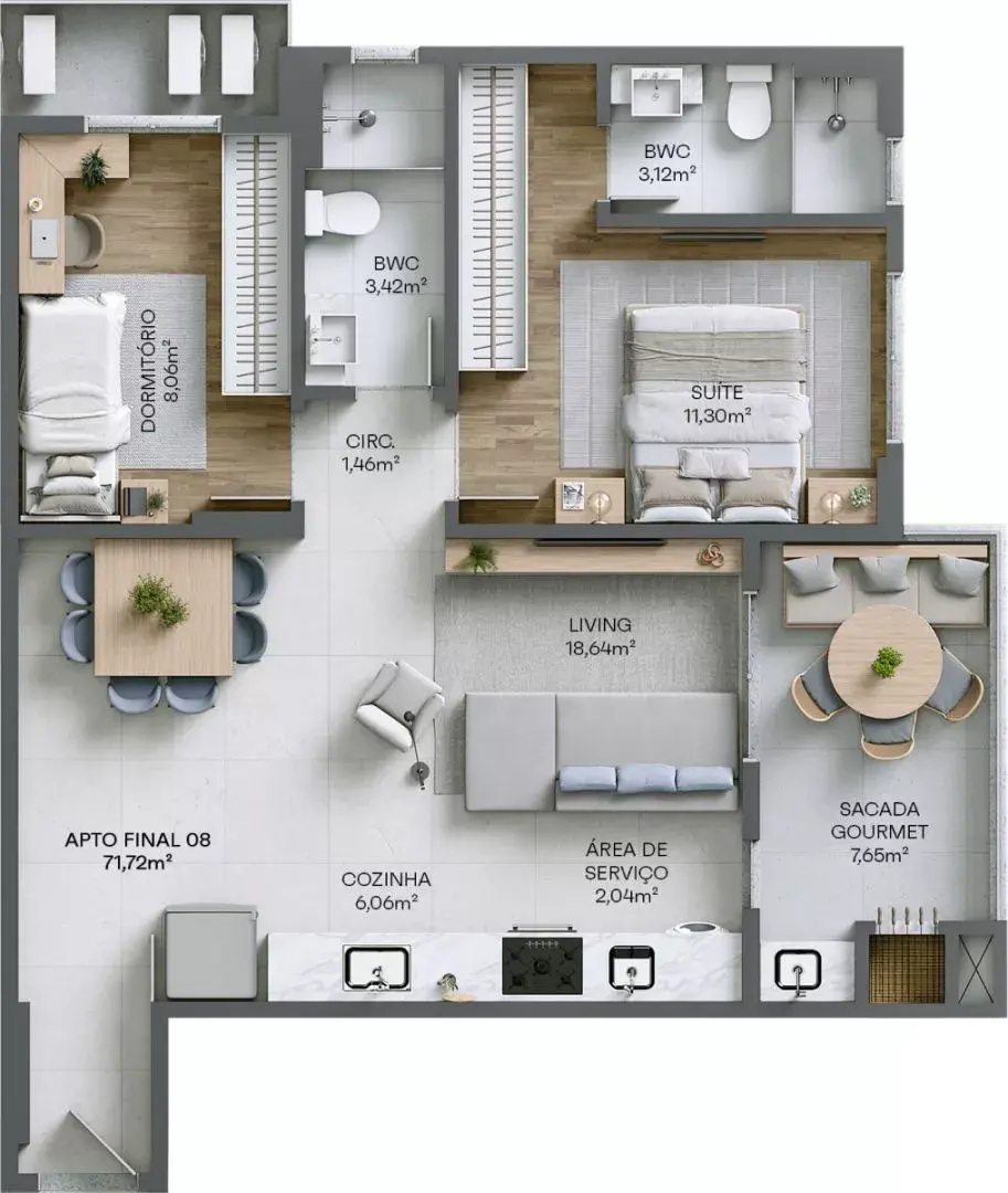 Apartamento de 2 quartos de 71,72m Residencial Living 360
