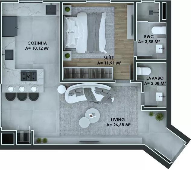 Apartamento de 56 m² do Downtown Boulevard