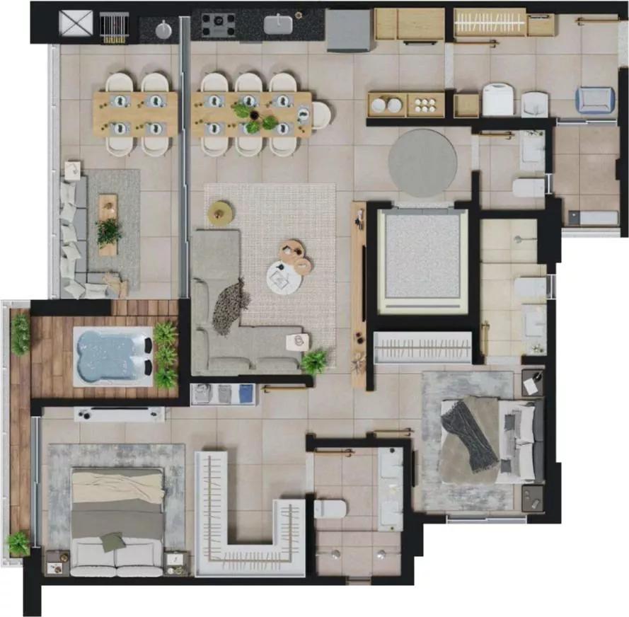 Planta do apartamento com varanda integrada de 121,96 m² do Elements Consciente