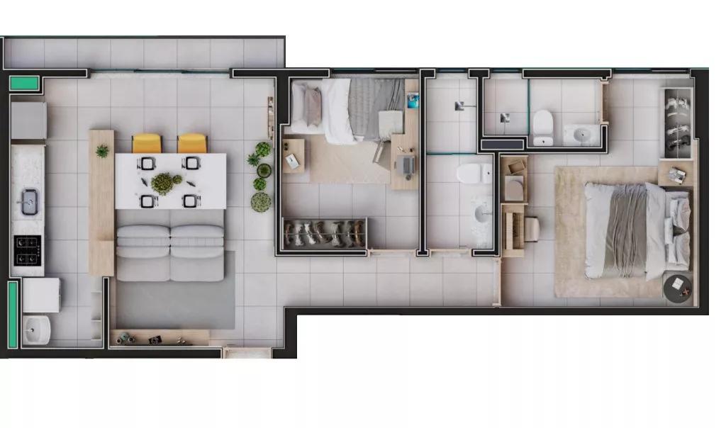 Planta de apartamento com 63 m² do Play Residence