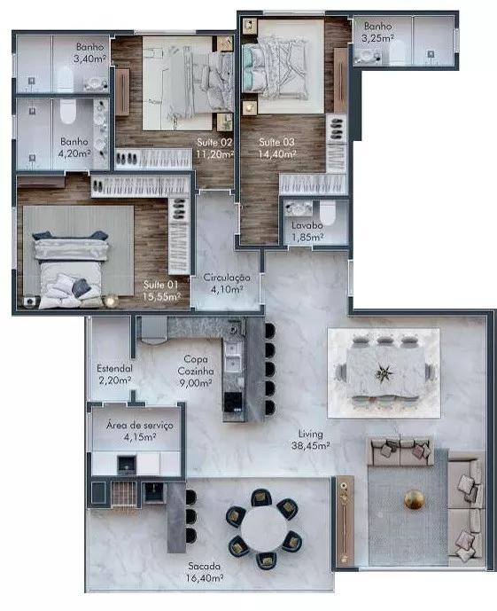 Planta do apartamento de 145m² com 3 quartos do Maria Dellagnelo