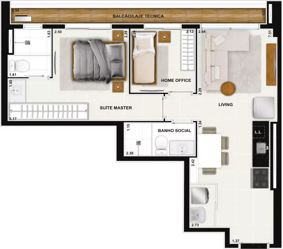 Apartamento de 2 quartos de 56m Hub Compact